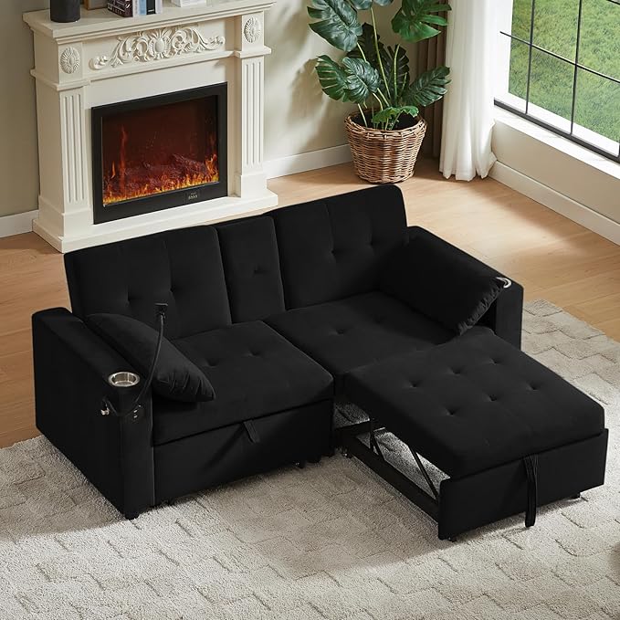 70 Queen Size Sofa Bed for Living Room – Pull-Out Sleeper Sofa Couch with Cup Holder Phone Holder USB Charging Port Solid Wood Frame Easy Assembly Space-Saving Design for Small Apartments