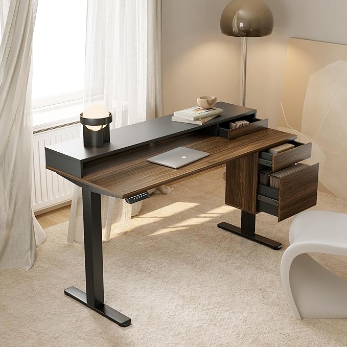 HUANUO Standing Desk with Drawers and File Cabinet 47 Inch Electric Height Adjustable Desk with Storage Ergonomic Stand Up Table Compatible with Monitor Stand Black Walnut