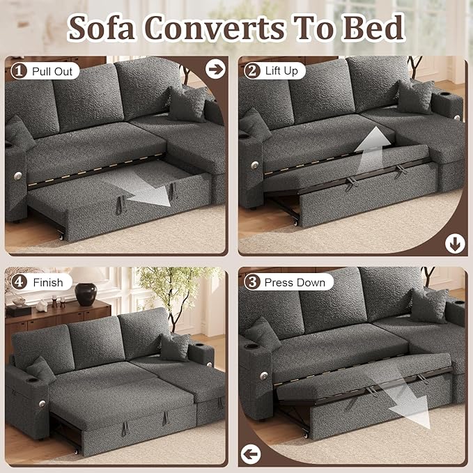 Sleeper Sofa Bed 4-in-1 Pull Out Couch with Reversible Chaise | Dual USB &amp Type-C Charging | Dual Cup Holders | Layered Storage (Armrest + Chaise) for Living Room Apartment Home Office (Dark Gr