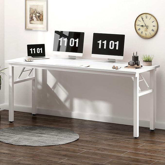 sogesfurniture Modern Foldable Computer Desk 62 inches No Assembly Sturdy Large Laptop Workstation for Home Office Portable Folding Study Table Writing Gaming Desk for Small Spaces White