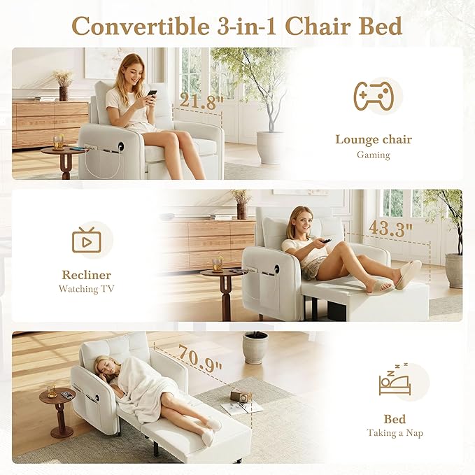 3-in-1 Convertible Sleeper Chair Bed Multi-Functional Chenille Single Sofa Bed with Storage Pockets and Box 80 Extra Long Pull Out Sleeping Lounge Chair for Living Room &amp Apartment (Beige35)