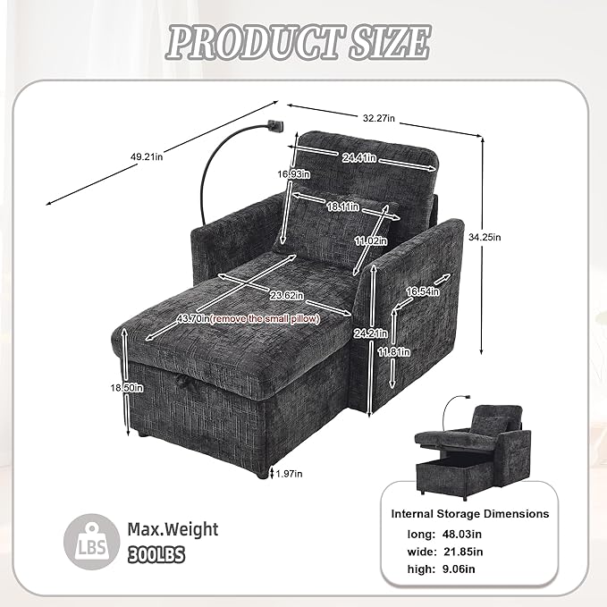 Multifunctional Sofa Recliner Chairs with Storage Cell Phone Bracket Chenille Recliner Chair Bed with Side Pockets and High Backrest Modern Living Room Single Lounge Chair (Black)