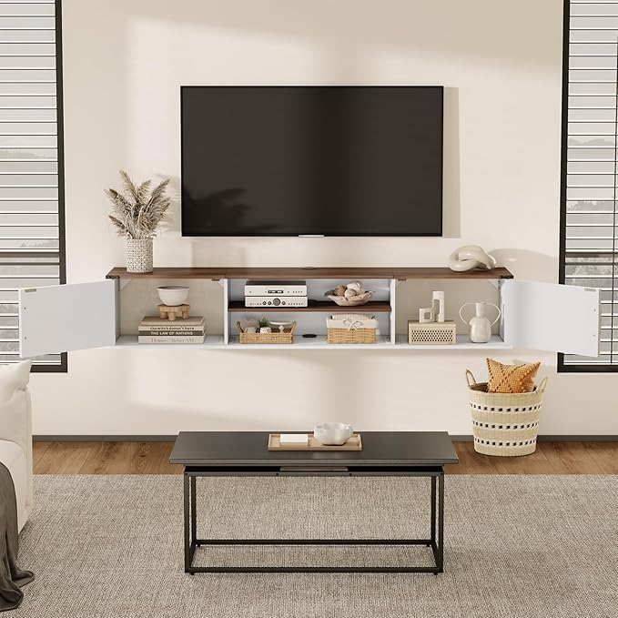 Floating TV Stand with Doors 63'' Farmhouse Floating TV Shelf for TVs up to 80 Inch 2 Tier Wall Mounted TV Stand Floating Entertainment Center TV Floating Cabinet for Living Room Bedroom White