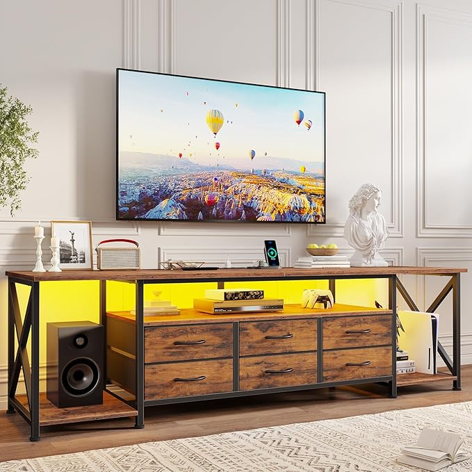 BTHFST TV Stand with LED Lights &amp Power Outlets for TVs up to 85 Inches 6 Drawers Entertainment Center with Open Storage Shelves 71 TV Media Console Table for Living Room Bedroom Rustic Brow