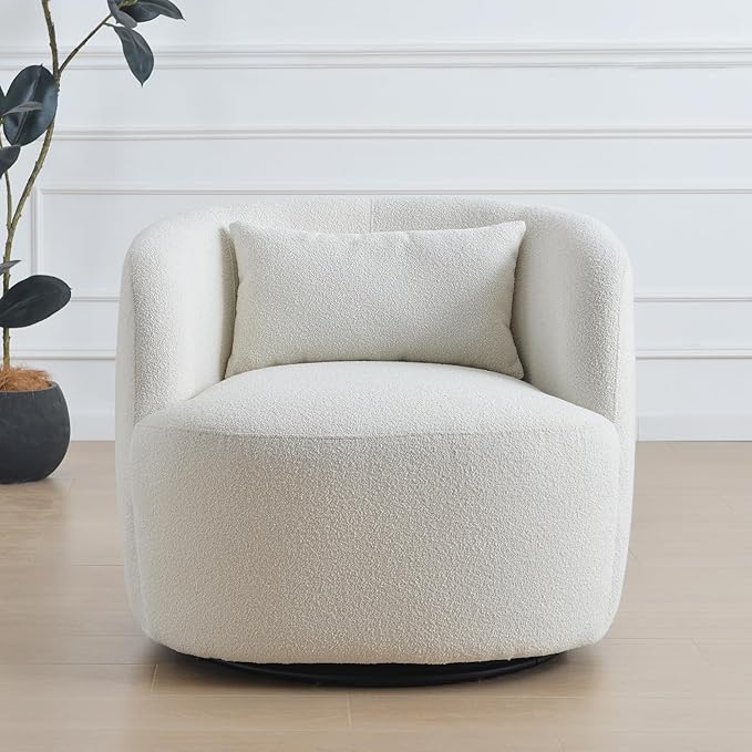 KINWELL 34 Wide Sherpa Swivel Barrel Chair No Assembly Round Boucle Upholstered Accent Chair Armchair Single Sofa Chair with Toss Pillow for Living Room and Bedroom Beige