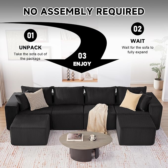 135.4 Cloud Couch Sectional Modular Sectional Sofa with Deep Seat Plush Corduroy U Shaped Boneless Couch Convertible Sectional Couches for Living Room 6Seat Black