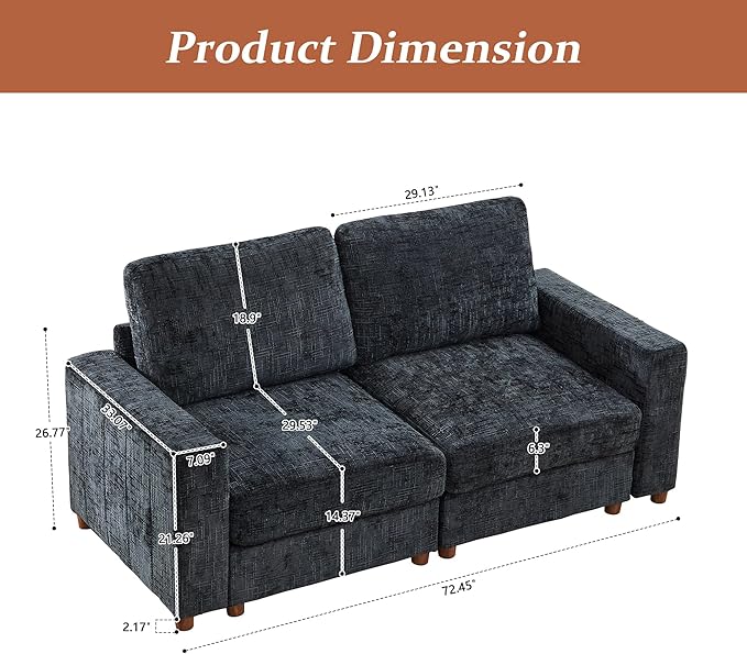 ORRD Comfy Loveset Couch Chenille 2 Seat Sofa with Pillows Modern Loveseat Sofa with Storage for Apartment Living Room Black Blue