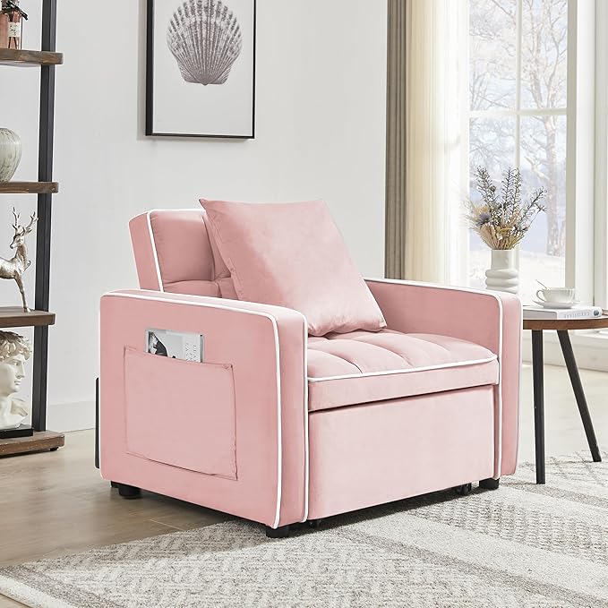 3-in-1 Futon Couch Sofa Bed Chair Convertible Sleeper Sofa with Pull-Out Bed Folding Sofa Bed with Reclining Backrest and Side Pocket Sofa Recliner Single Bed Adult Modern Chair Bed Berth (Pink)