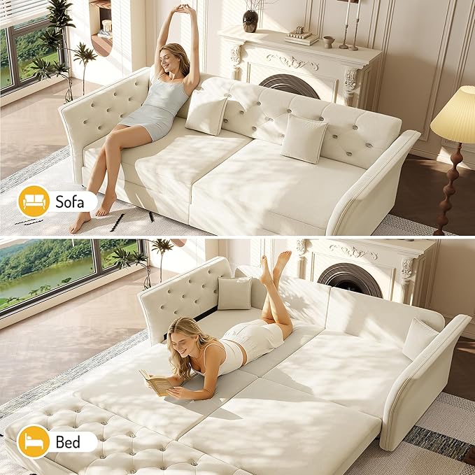 74.4'' Queen Size Sleeper Sofa Velvet Pull Out Couch with Flower-Tuffed Back Chesterfield Convertible Futon Sofa Bed 2 Pillows Deep Loveseat Couches for Living Room Small Spaces Beige