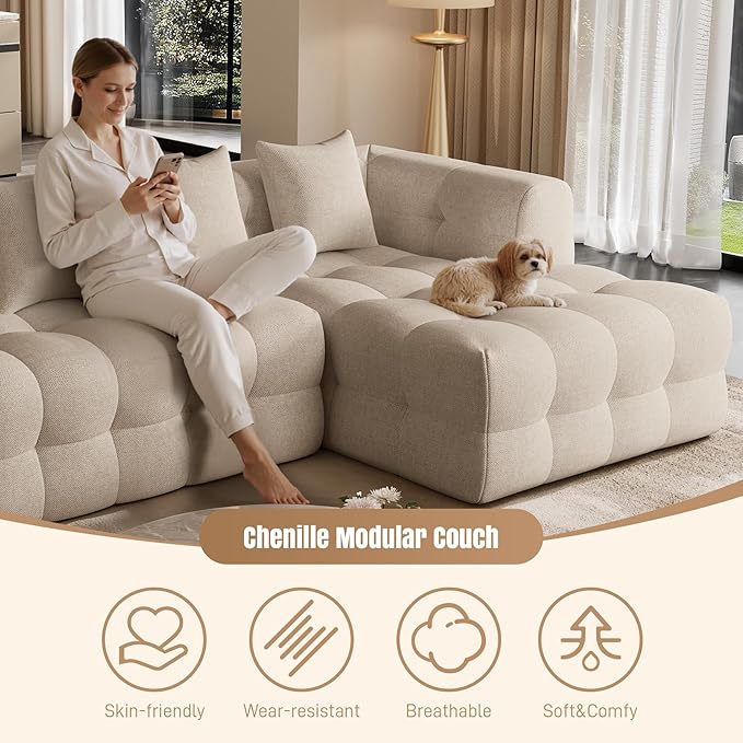 120 Boneless-Couch L-Shaped Sofa for Living Room Cloud Couch with Chaise Lounge Sectional Upholstered Chenille Deep Seat Couches with 4 Pillows No Assembly Required Light Brown