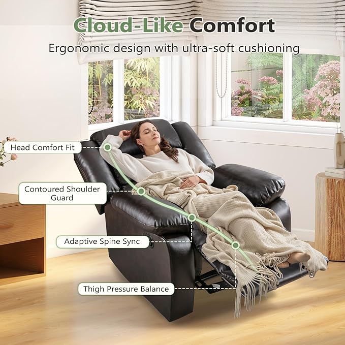 ANJ Manual Recliner Chair Breathable Faux Leather Reclining Chairs with Overstuffed Arm and Back Living Room Single Sofa Recliners (Dark Brown)