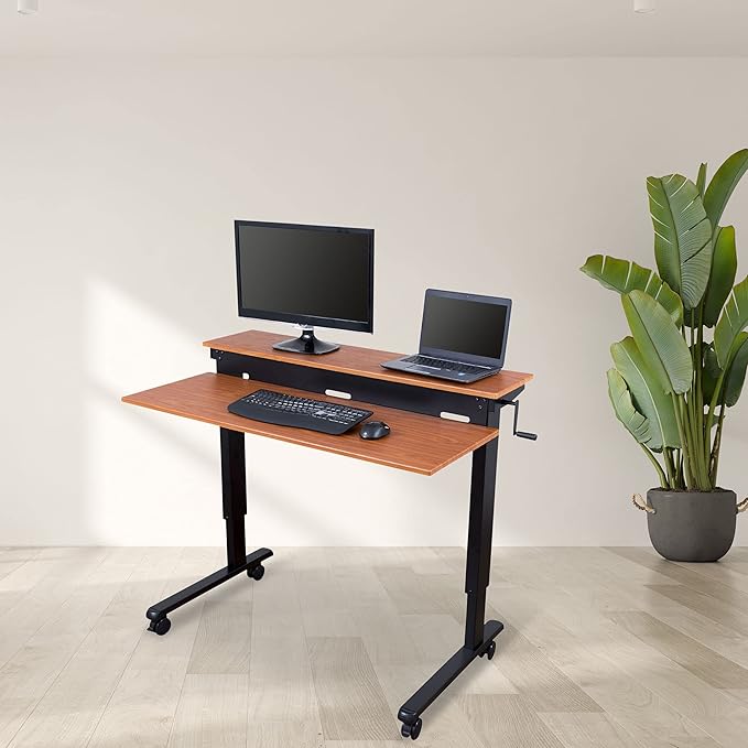 Stand Up Desk Store Crank Adjustable Two Tier Standing Desk with Heavy Duty Steel Frame (Black Frame/Teak Top 48 Wide)