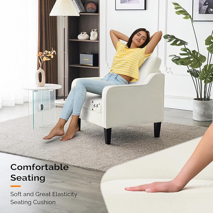 VINGLI Living Room Chairs White Accent Chair Soft Chenille Comfy Arm Chair Mid Century Modern Sofa Chair for Small Spaces Bedroom Home Offfice Apartment Lounge (Creamy White)
