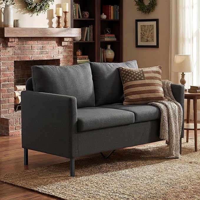 TYBOATLE Linen Fabric Modern Small Loveseat Sofa Couch for Living Room 51 W Little Upholstered 2-Seater Mini Love Seats w/Iron Legs for Small Space Apartment Bedroom Dorm Office (Dark Grey)