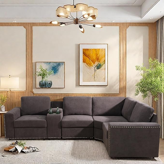 L Shaped Couch Sectional Couches for Living Room Comfy Modular Sectional Sofa for Adults Modern Living Room Furniture Sets Loveseat with Cup Holder for Bedroom &amp Office Brown