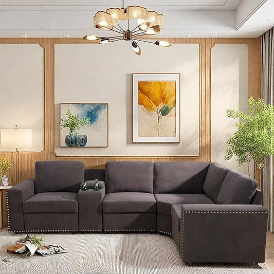 L Shaped Couch Sectional Couches for Living Room Comfy Modular Sectional Sofa for Adults Modern Living Room Furniture Sets Loveseat with Cup Holder for Bedroom &amp Office Brown