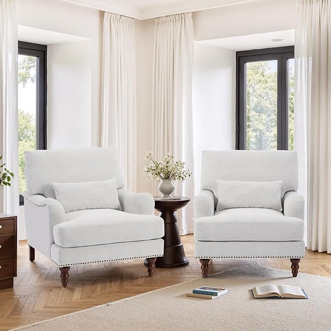 Accent Chairs Set of 2 Upholstered Armchair with Lumbar Pillow for Living Room Club Chair Chenille Arm Chair Mid Century Modern Reading Chair for Small Spaces-Beige