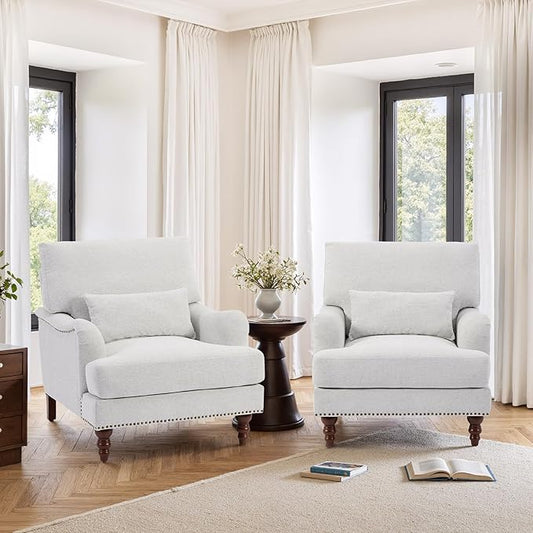 Accent Chairs Set of 2 Upholstered Armchair with Lumbar Pillow for Living Room Club Chair Chenille Arm Chair Mid Century Modern Reading Chair for Small Spaces-Beige