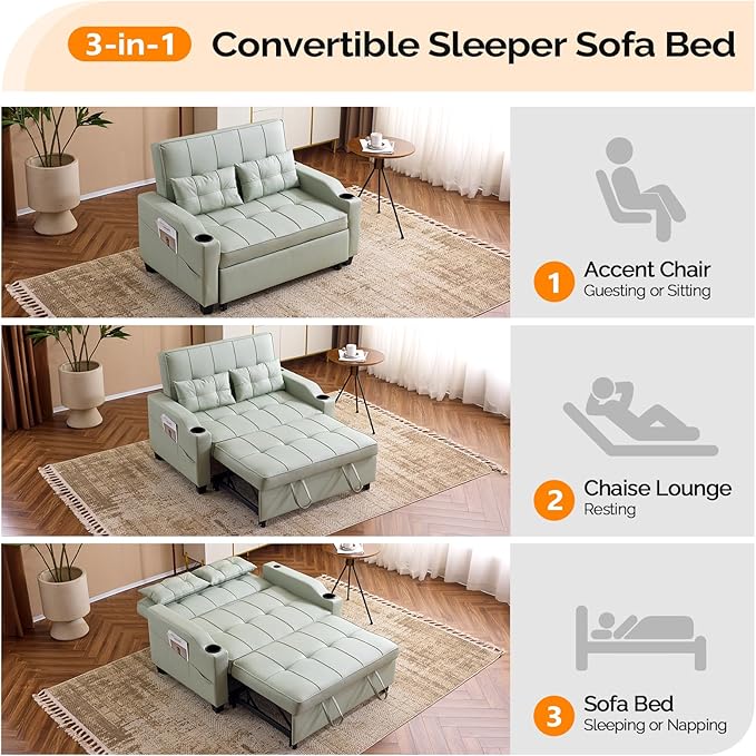VINGLI Green Futon Sofa Bed Convertible Loveseat Sleeper Couch Faux Leather Pullout Sofa Fold Out Couch Bed with USB Ports Cup Holders Armrest for Living Room Bedroom Apartment Room