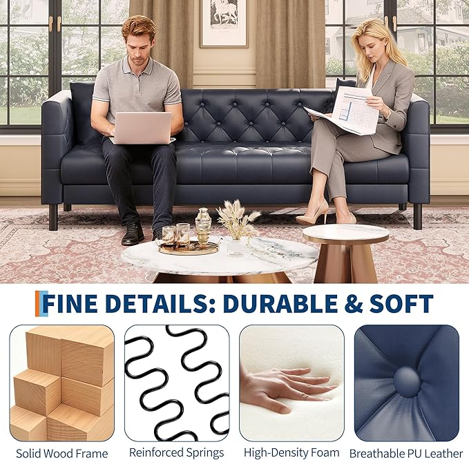 GAOMON 81 Leather Couch Handmade Button Tufted 3 Seater Sofa Chesterfield Sofa with Deep Seat and 2 Pillows Leather Sofa for Living Room Apartment Office Blue