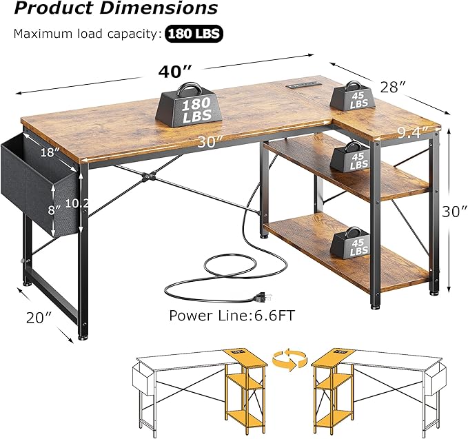 EnHomee Small Computer Gaming Desk with Storage Shelves &amp Side Bag 40 Inch L Shaped Desk with Power Outlets Corner Desk Study Writing Table for Home Office Bedroom Living Room Brown