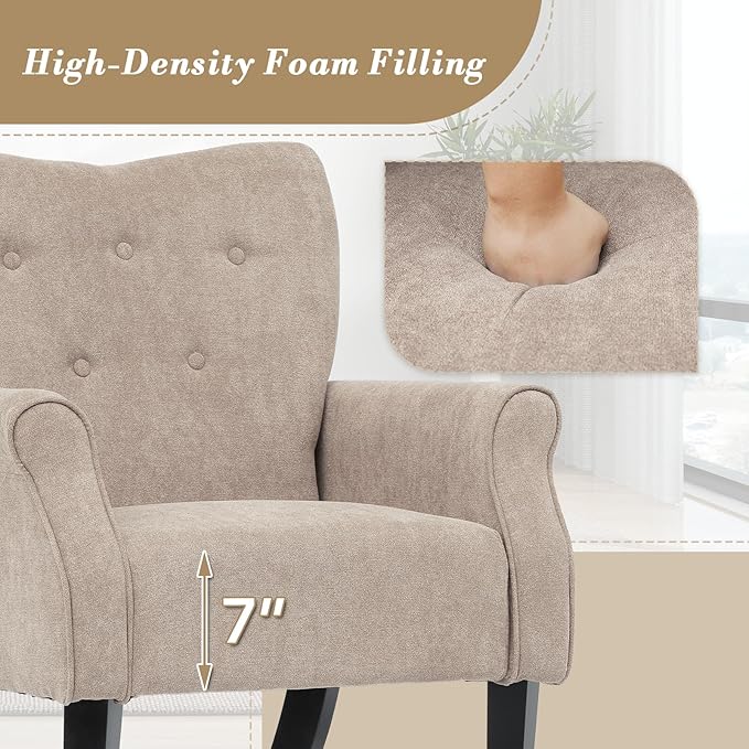 Athena Collection Mid Century Accent Chair Upholstered Modern Comfy Armchair Single Sofa Elegant Vanity Chair Reading Chair with High Back and Solid Wood Legs for Bedroom Living Room Office Beige