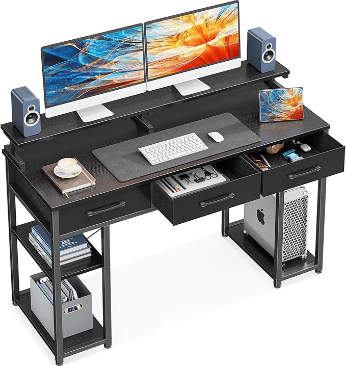 ODK Computer Desk with Drawers and Storage Shelves 48 inch Home Office Desk with Monitor Stand Modern Work Study Writing Table Desk for Small Spaces Black