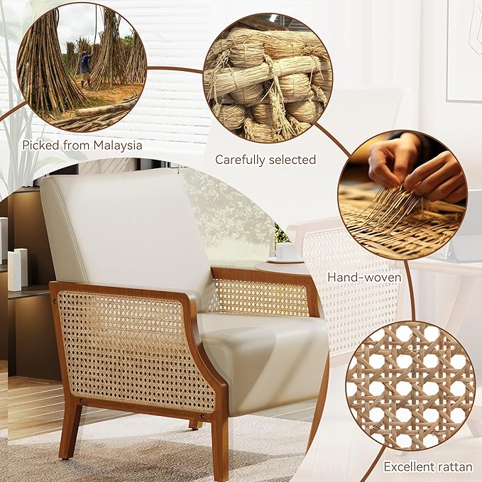 Aklaus Mid Century Accent Chair Set of 2 with Rattan Armrest Upholstered Living Room Chairs Lounge Fabric Reading Chairs Side Sitting Farmhouse Chair for Living Room Bedroom Balcony Beige