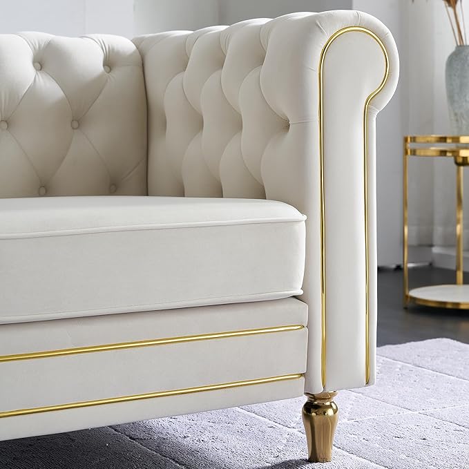 Homtique 84 Modern Sofa Couch for Living Room 3 Seater Couch Comfy Velvet Sofa Button Tufted Rolled Arms and Gold Legs Chesterfield for Home Studio/Office Bedroom Beige