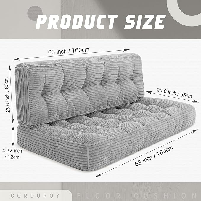 63 Inch Folding Bench Cushion 4 Inch Thick 2-in-1 Convertible Long Floor Lounger Boneless Cushions Couch Mattress Upholstered for Yoga Reading Sleeping Meditation Living Room(Light Grey)