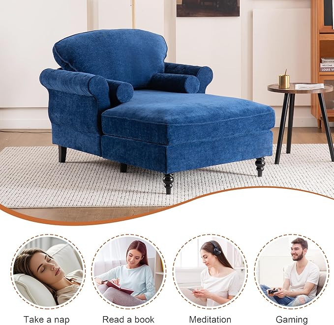 59.3 D Chaise Lounge Chair IndoorModern Chenille Upholstered Recliner Sofa with 2 Rolled PillowsComfy Sleeper Chair Bed for Living Room Bedroom Office(Blue 1 Seat)