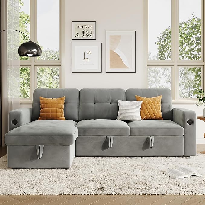IDEALHOUSE 84 Sleeper Sofa with Storage &amp Charging Station Convertible Sectional Couch Bed with LED Lights Reversible Chaise Pull Out Sofa Bed for Living Room Apartment Velvet Light Grey