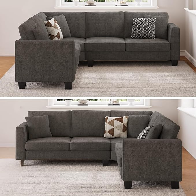 ONBRILL L Shaped Couch Small Corner Sectional Sofa for Living Room Comfy Chenille L Shape Sofa with 3 Throw Pillows Easy Assembly Convertible Sectional Sofa Couches for Apartment Grey