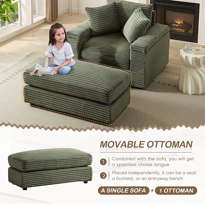 Chaise Lounge Chair Indoor 44 Inch Comfy Corduroy Sectional Cloud Couch Upholstered Single Sofa w/Movable Ottoman for Living Room Bedroom Apartment Green