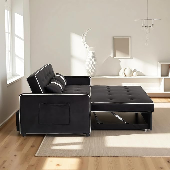 Loveseat Sleeper Sofa 3 in 1 Convertible Sofa Bed Adjustable Backrest Comfy Pull Out Couch Modern Upholstered Sofa for Living Room Bedroom Apartment Small Space (Black 1)