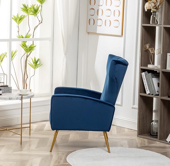 Modern Velvet Accent Chair Channel Tufted Bedroom Office or Living Room Furniture with Elegant Metal Legs 26 Wide Armchair Blue