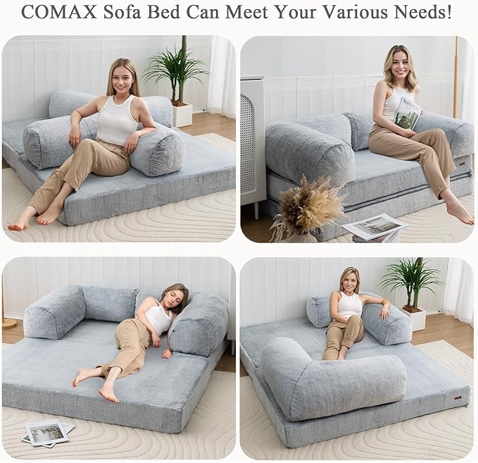 COMAX Folding Sofa Bed Queen Foldable Couch Bed Fold Out Futon Chair Sleeper for Adults Convertible Floor Mattress Sofa for Bedrooom Living Room Snow Light Grey