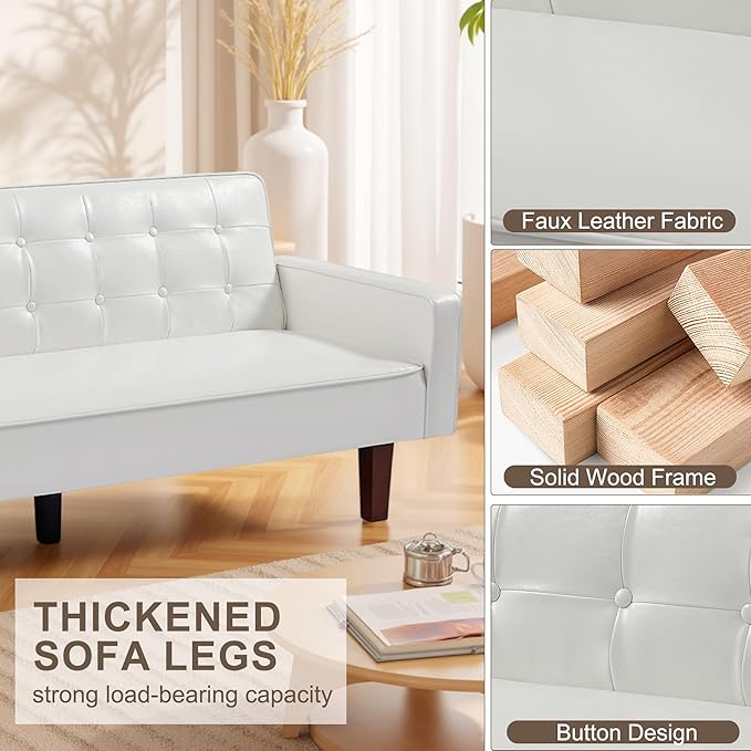74 Modern Futon Couch Futon Sofa Bed Mid Century Sofa Bed Loveseat Couches for Small Spaces Living Room Bedroom (Faux Leather White)