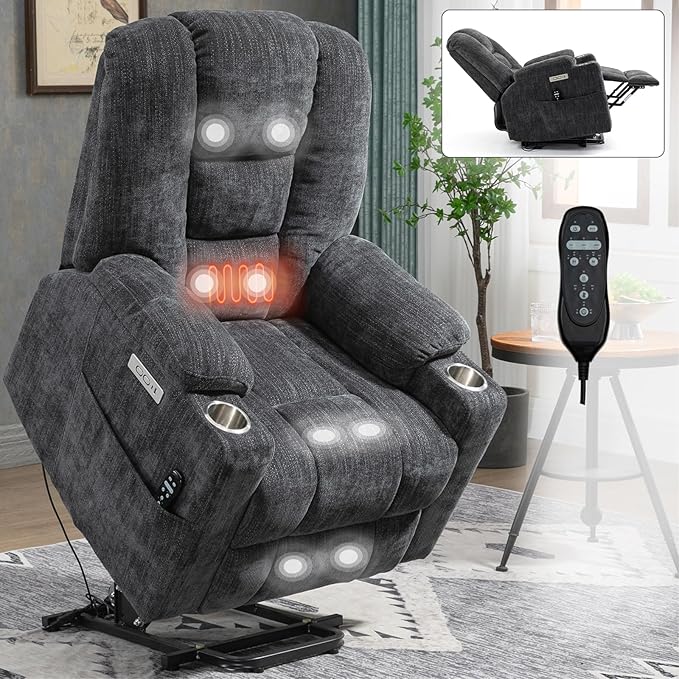 Large Power Lift Recliner Chair with Massage and Heat Overstuffed Wide Living Room Recliner Chairs Comfy Bedroom Recliners for Adults Lazy Boy Reclining Chair for Small SpacesGrey