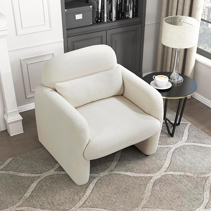 Lexicon Modern Accent Single Sofa Chair with Square Armrest Boucle Fabric Upholstered Comfy Reading Chair with Lumbar Pillow for Bedroom/Living Room/Office Beige