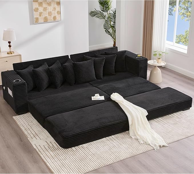 111 Inch Sleeper Sofa Bed | Convertible Cloud Sectional Couches for Living Room | L-Shaped Couch with Cup Holder Side Pocket 8 Pillpws | Black