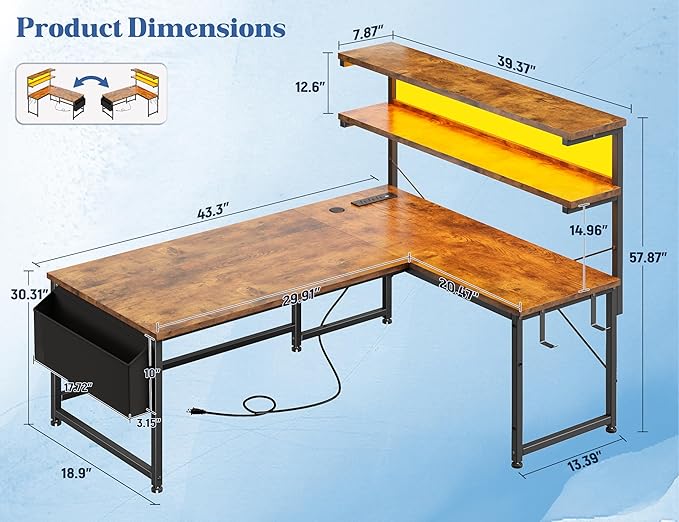 L Shaped Gaming Desk with LED Light &amp Power Outlet 53 Inch Reversible L Shaped Office Desk with Shelf &amp Storage Bag &amp Hook for Home Office Rustic Brown
