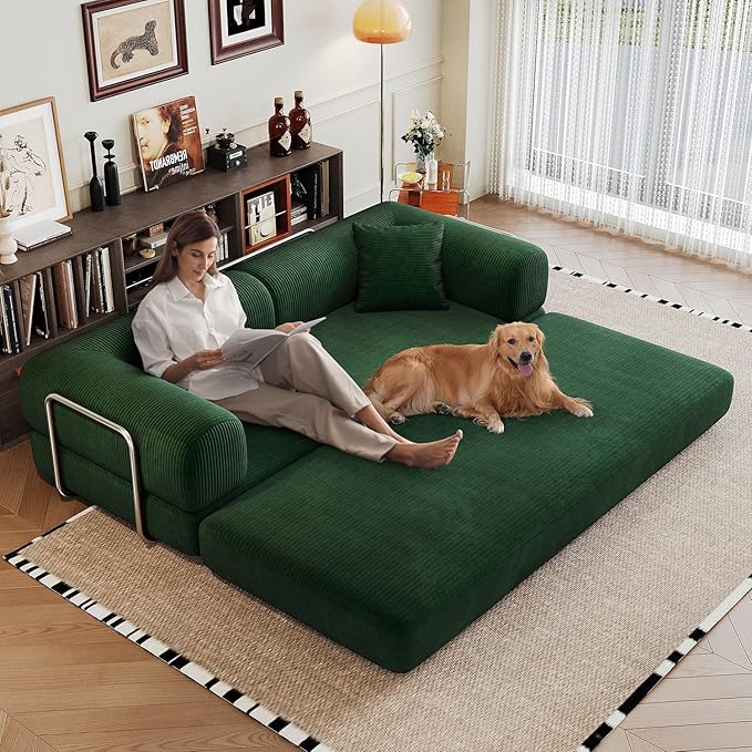 78.8'' Convertible Sofa Bed Boneless Couch in a Box Modular Corduroy Comfy Foldable Sleeper Compression Sofa Loveseat Couches for Living Room (Green 78.8 inch)