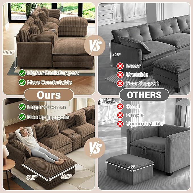 143 Oversized Modular Sectional Sofa U Shaped Cloud Couch Modern 6 Seat Sofa Set for Living Room Comfy Corduroy Deep Seat with Storage Central Console Movable Ottomans Cup Holders USB Ports Brown