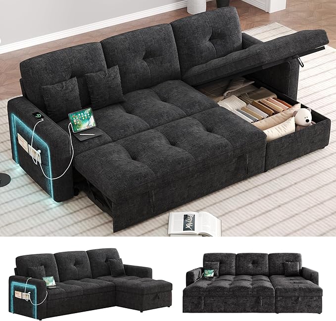 HIFIT 81 LED Sectional Sleeper Sofa with Pull Out Couch Bed Convertible L Shaped Couch with Storage &amp USB &amp Adjustable Backrest &amp 2 Pillows Chenille Sectional Couch for Living Room Bedr