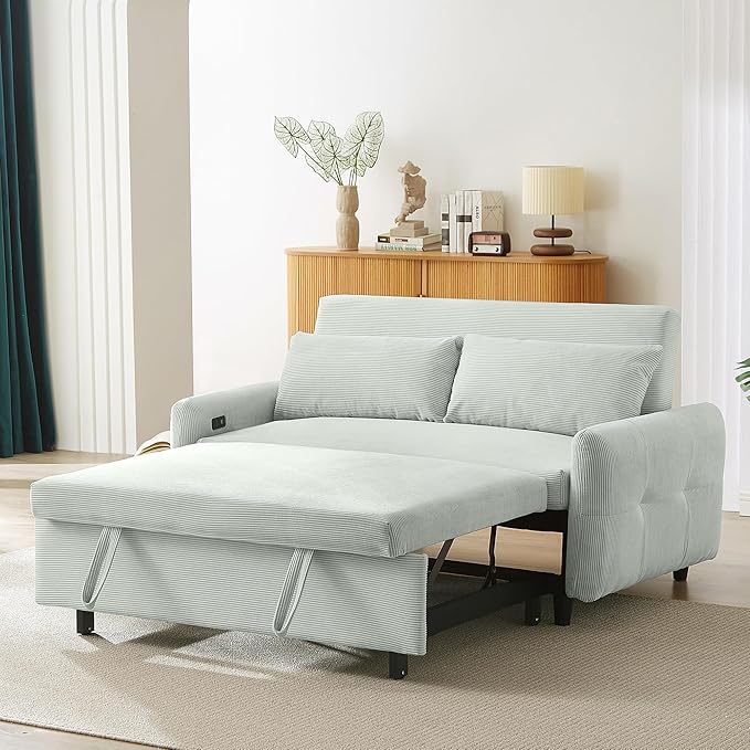 Pull-Out Sofa Bed Convertible Couch 2 Seat Loveseat Sofa Corduroy Fabric Upholstered Sleeper Sofa with 2 Throw Pillows and USB Ports for Living Room Office Apartment (Pale Green)