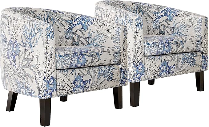 BELLEZE Accent Barrel Chair Set of 2 Modern Faux Leather Tub Club Chair Upholstered Armchair with Gold Nail Head Trim and Black Legs for Living Room Bedroom Apartment Lounge - Blue Coral