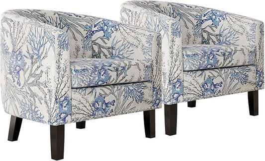 BELLEZE Accent Barrel Chair Set of 2 Modern Faux Leather Tub Club Chair Upholstered Armchair with Gold Nail Head Trim and Black Legs for Living Room Bedroom Apartment Lounge - Blue Coral