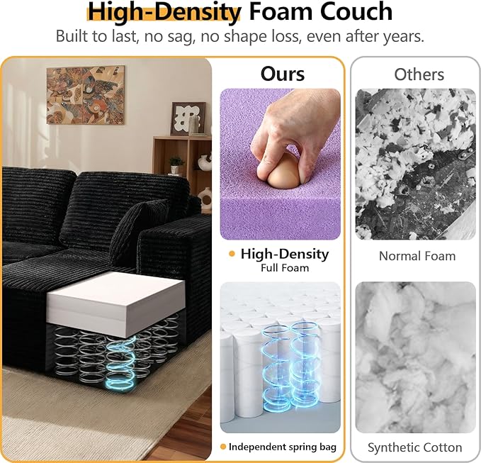 104” Boneless Couches for Living Room Modular Cloud Sectional Sofa with Chaise Deep Seat Upholstered No Assembly Required(Black L Shape with Right FacingChaise)