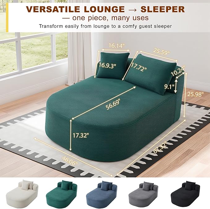Chaise Lounge Chair Indoor 67.5 Oversized Boneless Couch Could Comfy Upholstered Sleeper Sofa Bed Corduroy Plush Modern Curved Floor Sofas Chair with 2 Pillows for Readng Living Room Bedroom Apartment